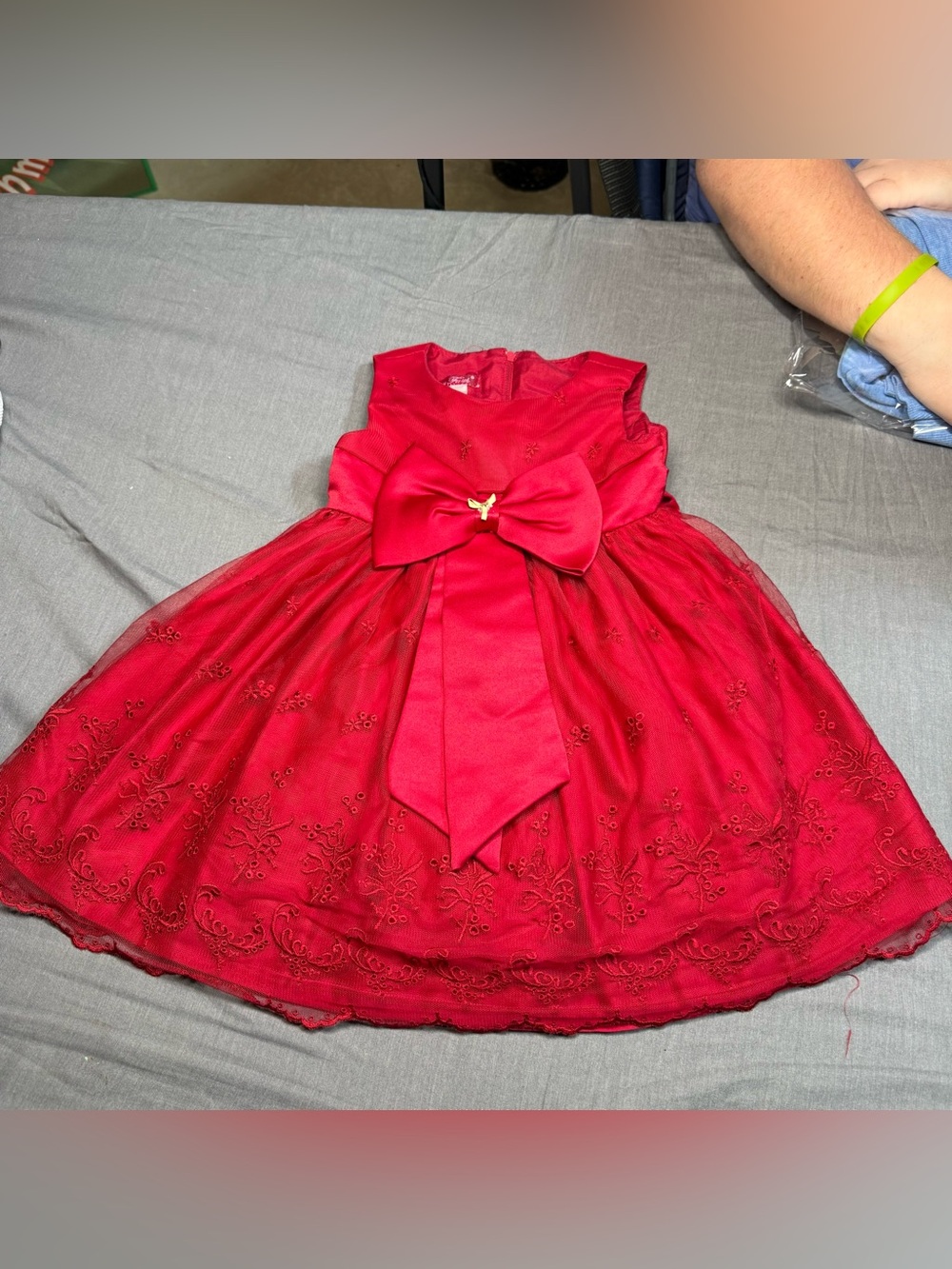 Girls' Red Embroidered Bow-Front Formal Dress